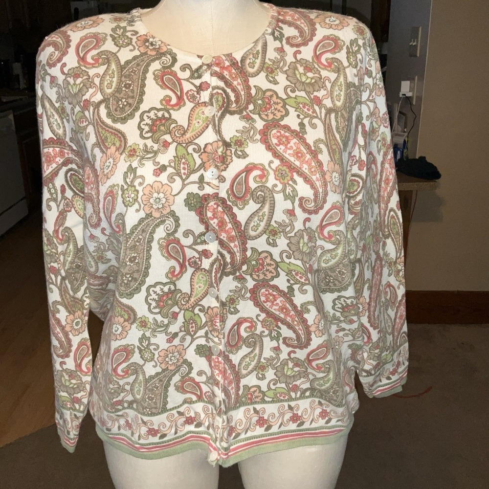 Floral Sweater Alfred Dunner Women 2x Beige Multi Button Pullover